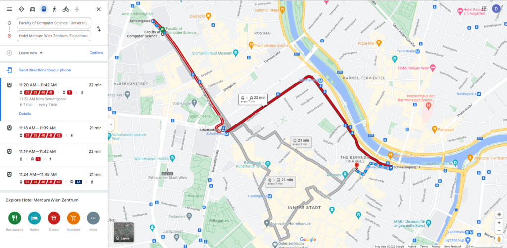 Direction map from Mercure Wien Zentrum to Faculty of Computer Science